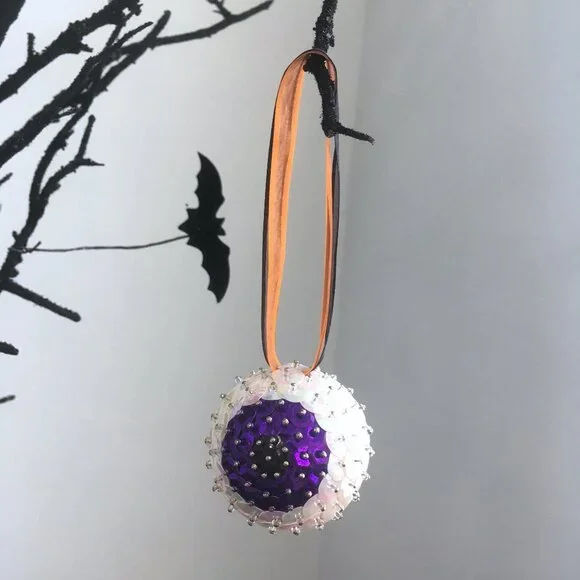 Christmas Eyeball Ornament Glam Sparkle Sequin Beaded Halloween OOAK Purple